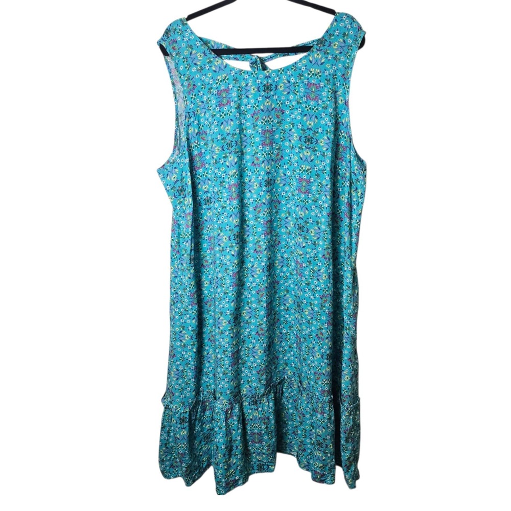 CJ Banks Womens 2X Teal Floral Sleeveless Ruffle Hem Keyhole Back Dress Boho